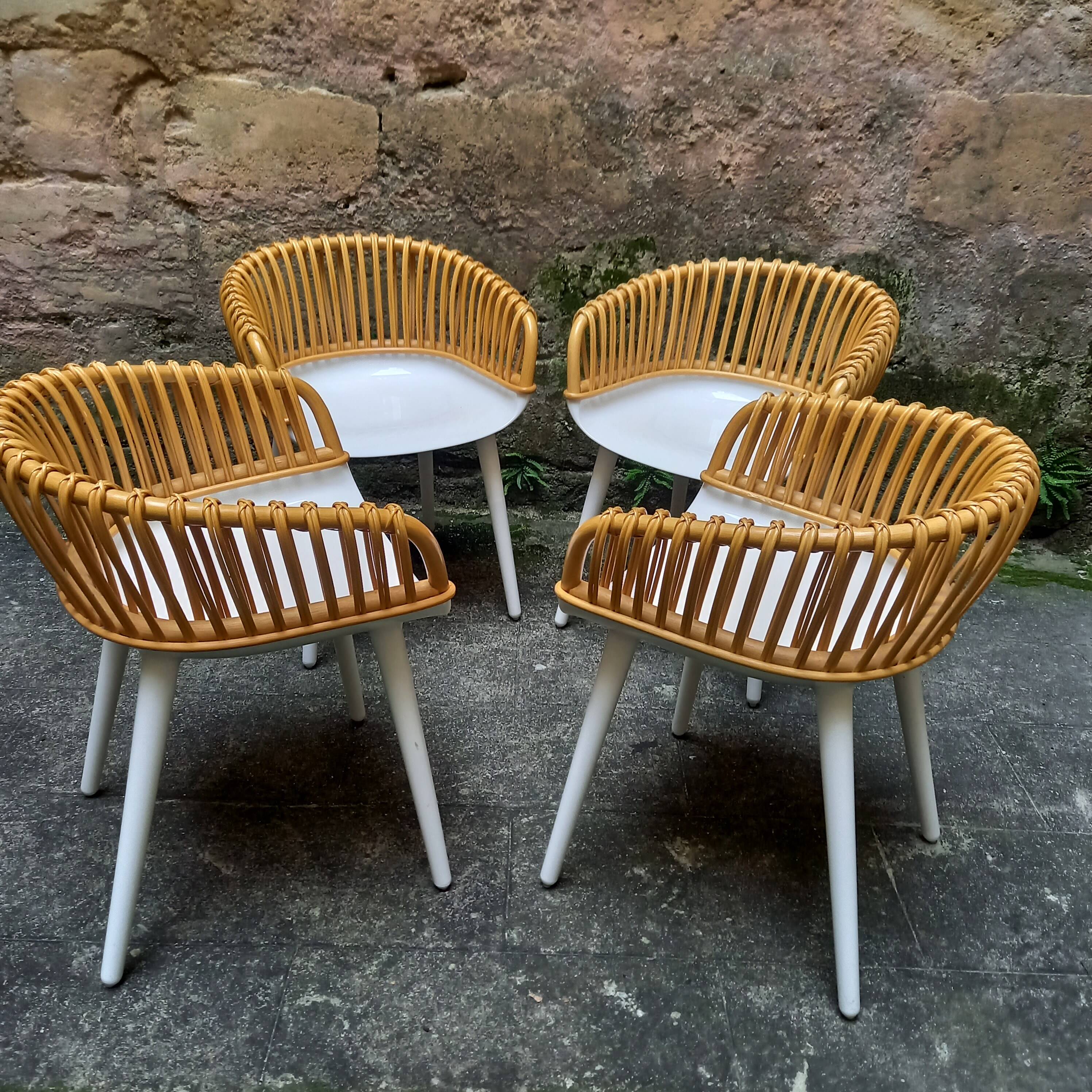 4 chairs, small armchairs, Cyborg club by Magis, designer Marcel Wanders, polycarbonate and wicker