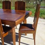 Walnut table with wood marquetry, 2 extensions.