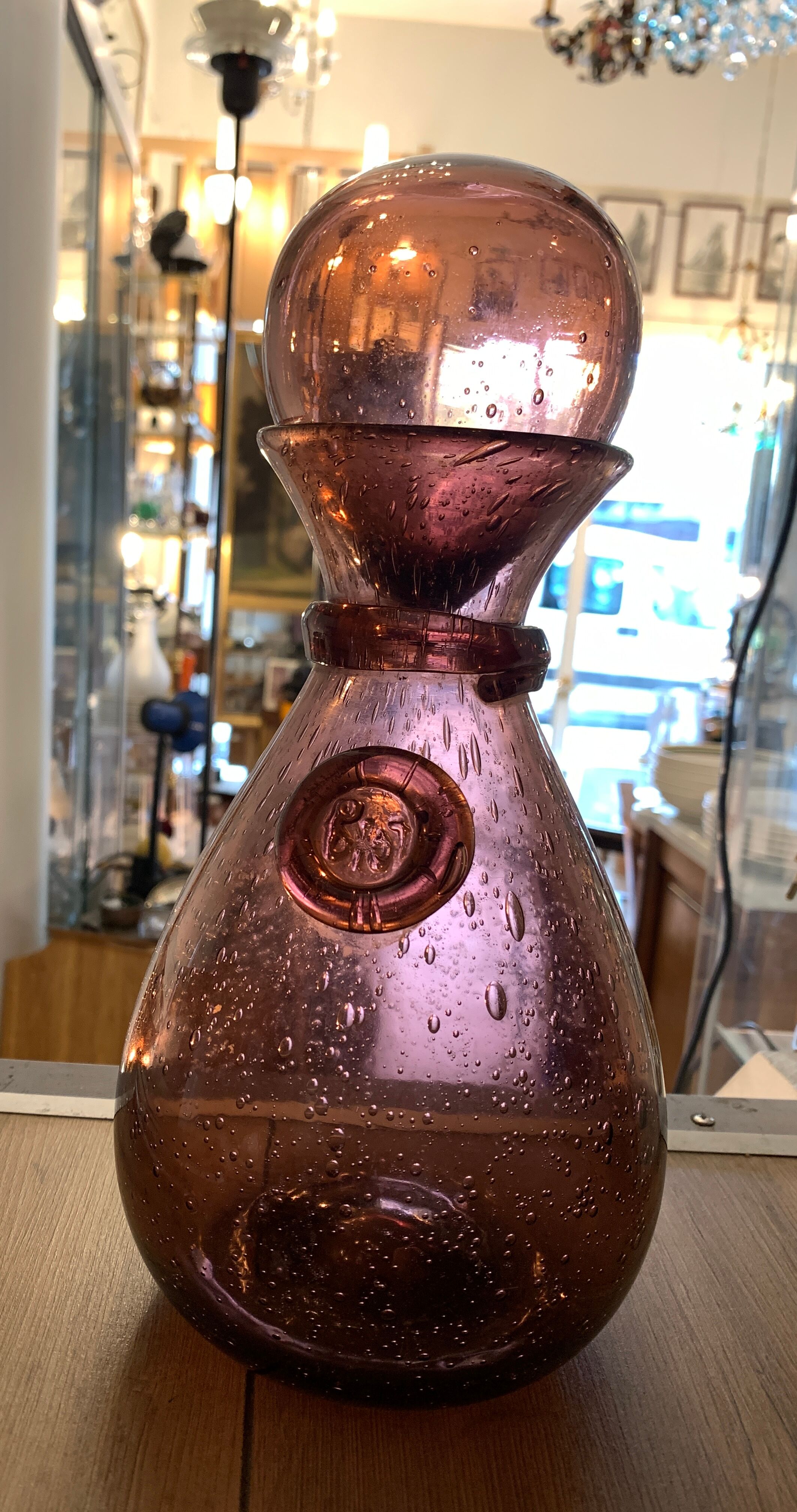Biot blown glass wine decanter, pink color of the sands