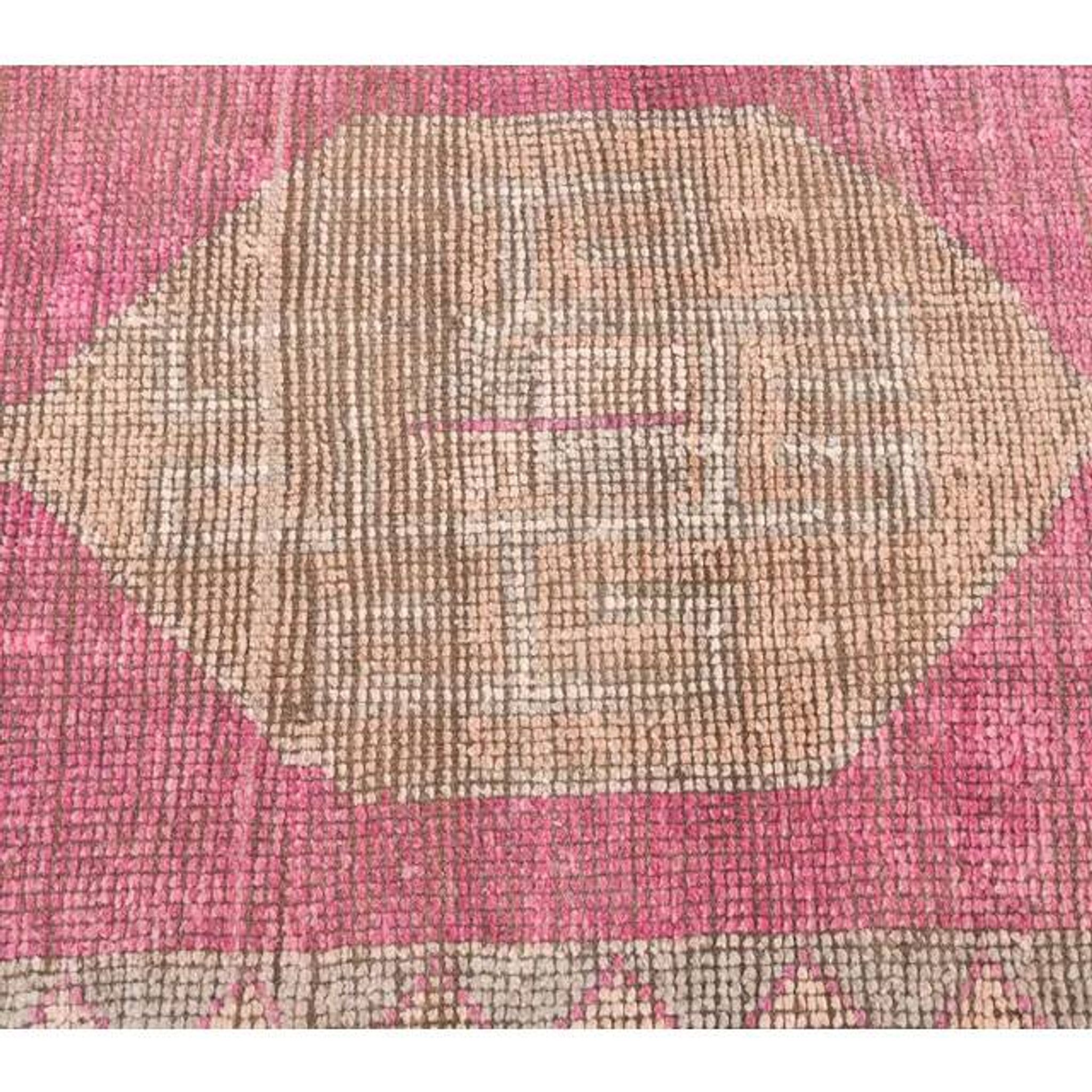 Vintage pink geometric Turkish hand-knotted runner 92x356