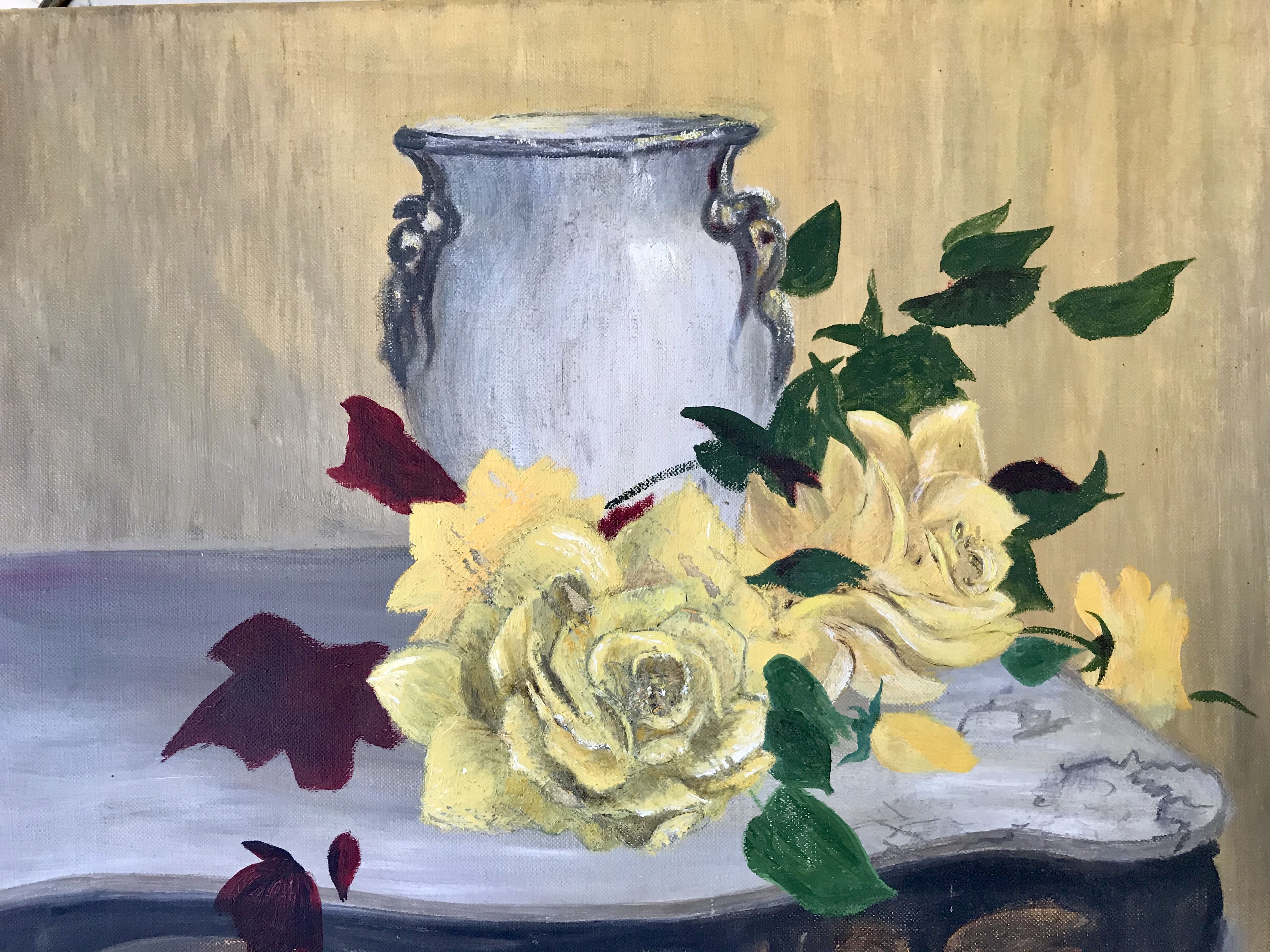 Painting oil on canvas flowers still life vintage 50s