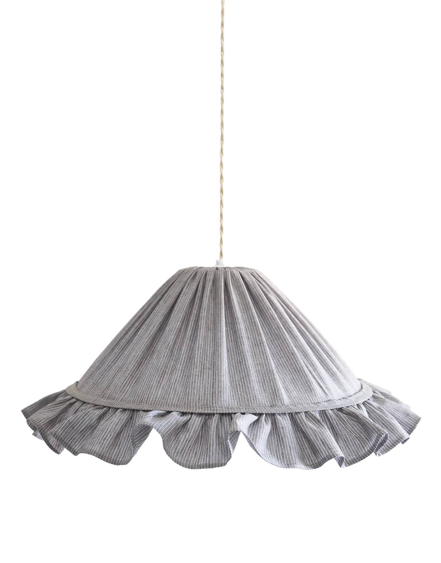 Suspension Emilia, pleated lampshade with frills, grey stripes.