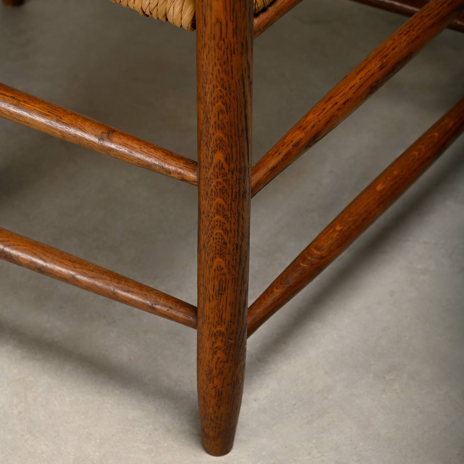 Rustic Armchair and Stool in stained oak and rush, France 1950s