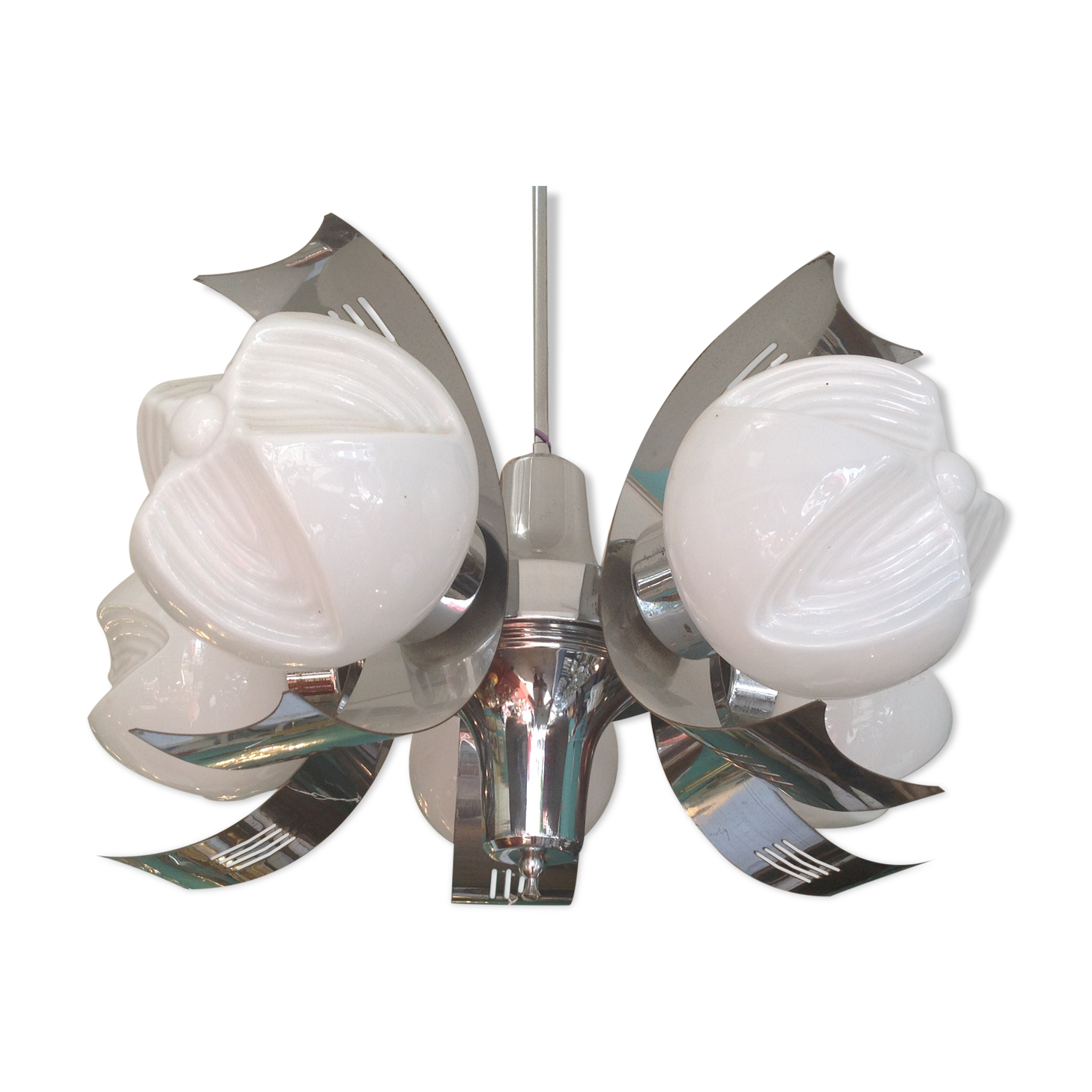 Vintage chandelier in opaline and stainless steel, 70s.