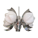 Vintage chandelier in opaline and stainless steel, 70s.