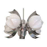 Vintage chandelier in opaline and stainless steel, 70s.