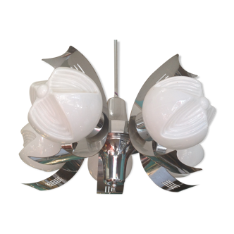 Vintage chandelier in opaline and stainless steel, 70s.