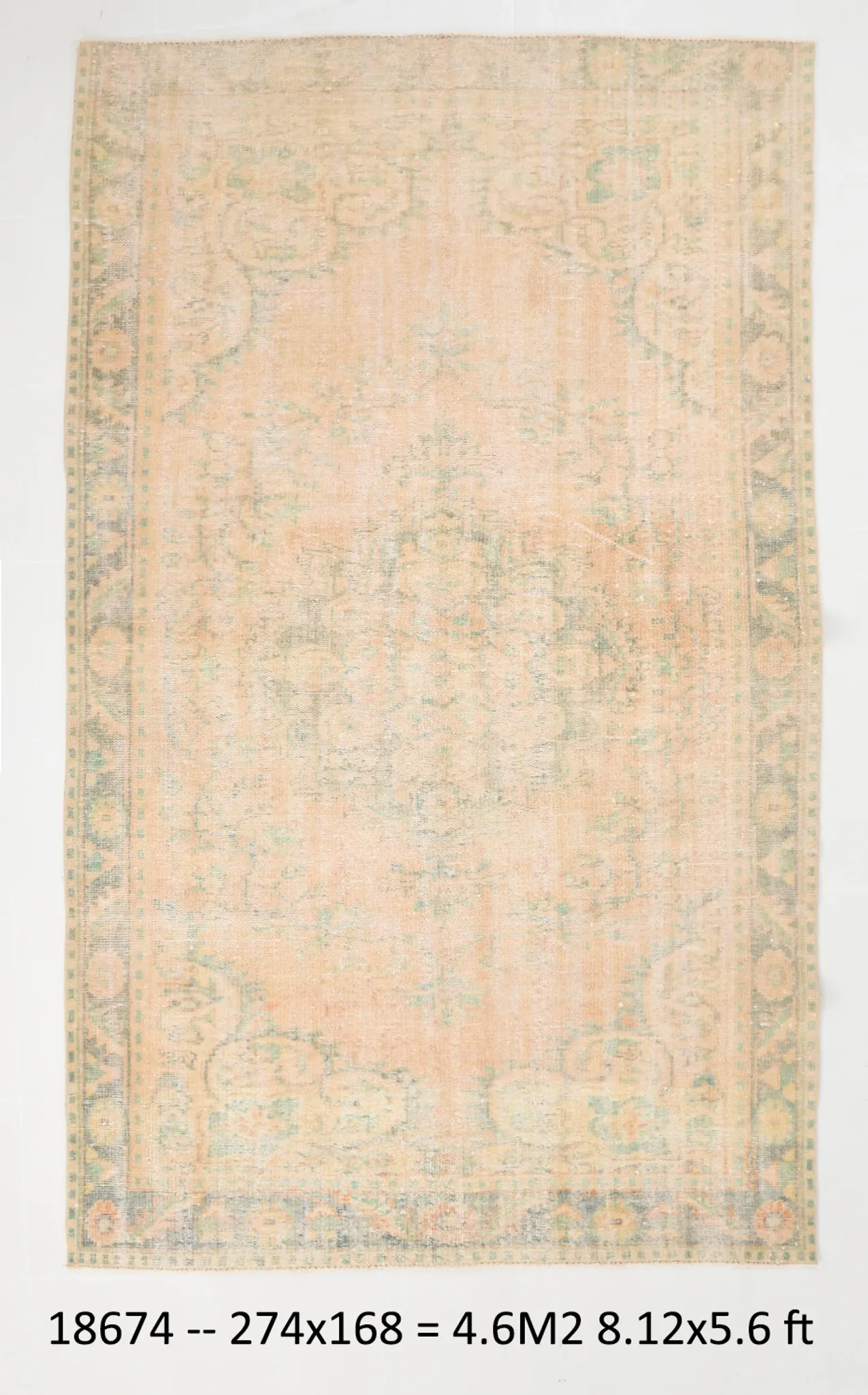 Vintage Peach & Green Turkish Rug, Handmade Neutral Rustic Carpet, 168x274