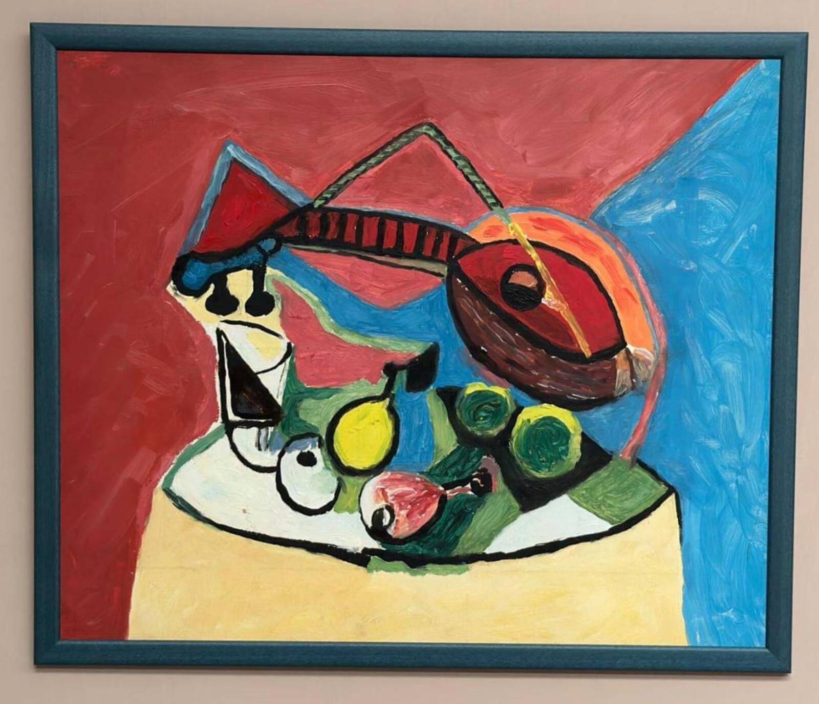 Original Swedish Oil On Panel – “Sitar And Fruit” – Vintage & Framed – 57 × 69 Cm (22.4" × 27.2")