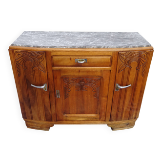Buffet Art Déco en noyer clair, marbre gris et blanc