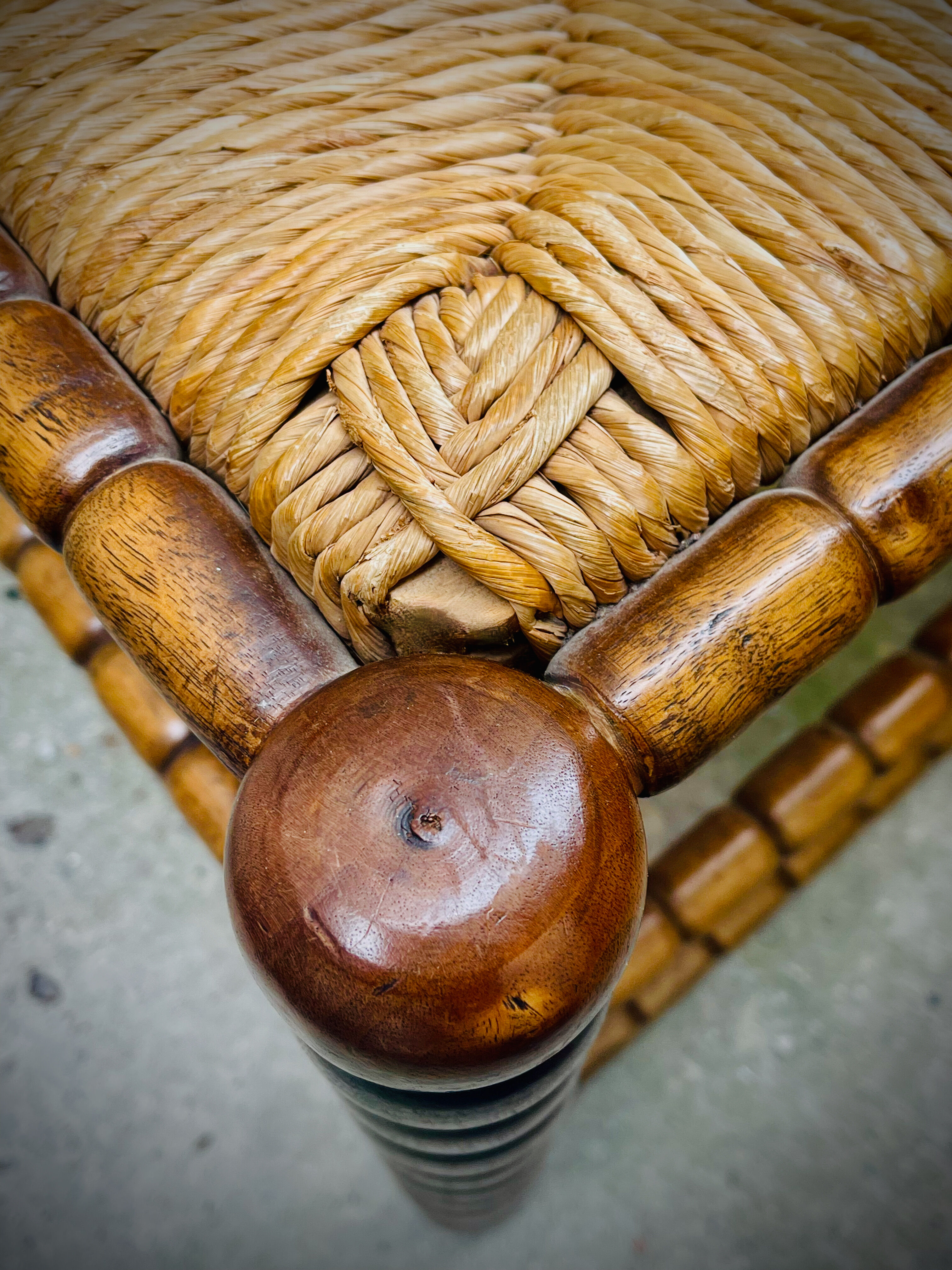 Brutalist chairs mulched in turned wood from the 60s
