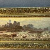 A. Laemmermann, oil painting on cardboard depicting a rocky landscape.