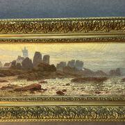 A. Laemmermann, oil painting on cardboard depicting a rocky landscape.