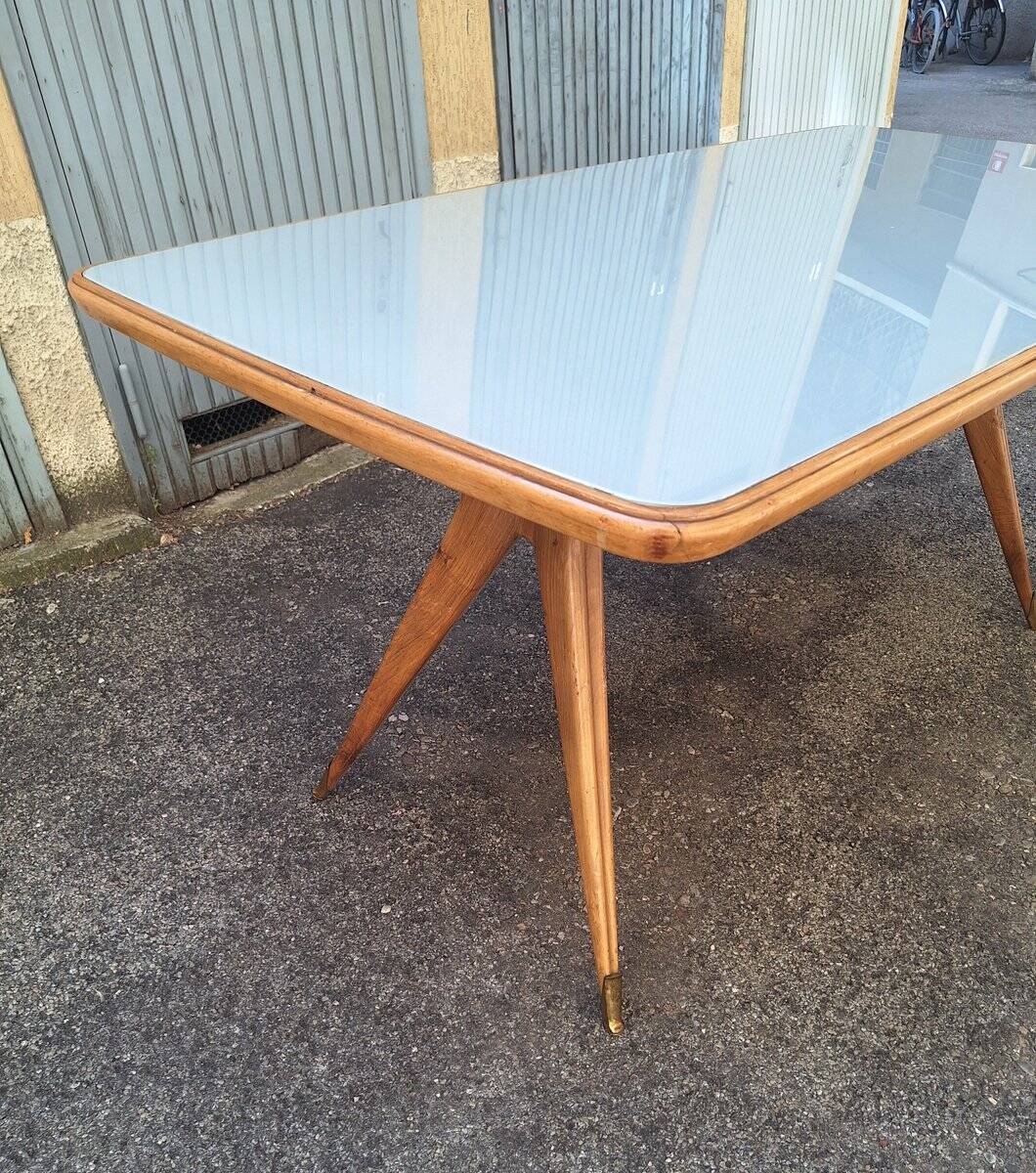 Dining Table Wooden Base, Brass Finishes, Wooden and Blue Glass Top, 1950s