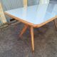 Dining Table Wooden Base, Brass Finishes, Wooden and Blue Glass Top, 1950s