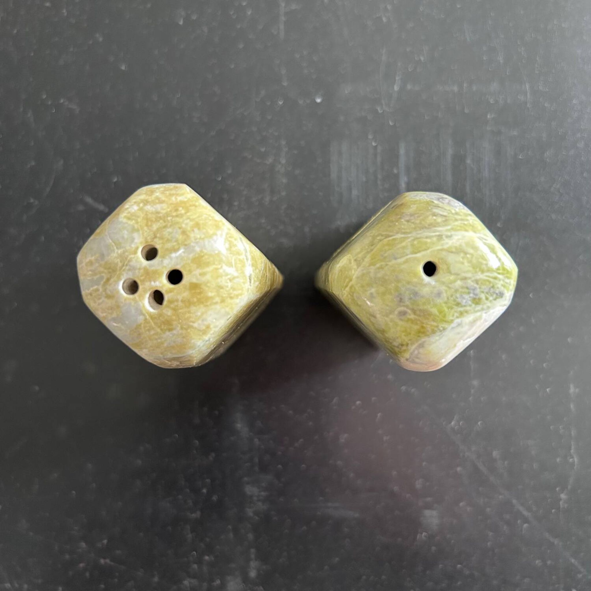 Salt and pepper shakers made of Connemara marble