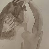 Tableau signé aquarelle monochrome sépia portrait féminin « la coiffure »