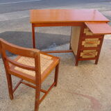 Desk and chair in mahogany and straw seat, made in Mexico in 1959