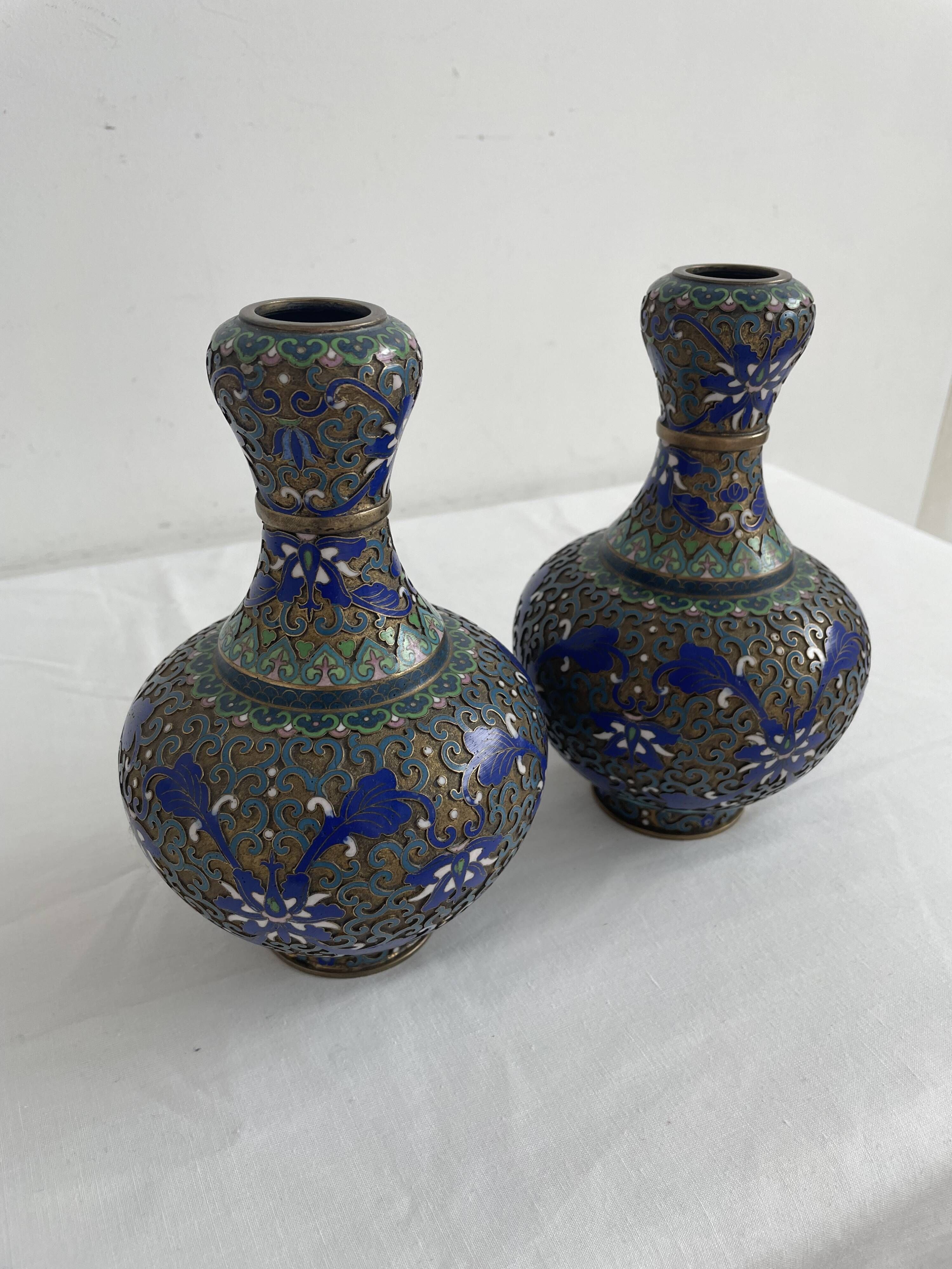Vintage, pair of vases, Chinese, cloisonné metal, enameled, polychrome floral decor, golden hoop