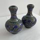 Vintage, pair of vases, Chinese, cloisonné metal, enameled, polychrome floral decor, golden hoop