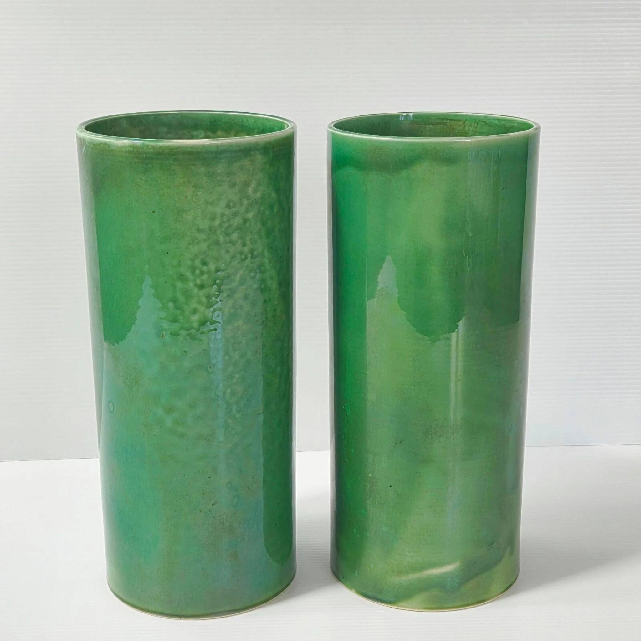 Pair of vintage 1950 rolled vases green ceramic signed 50s 1950s