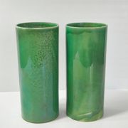 Pair of vintage 1950 rolled vases green ceramic signed 50s 1950s