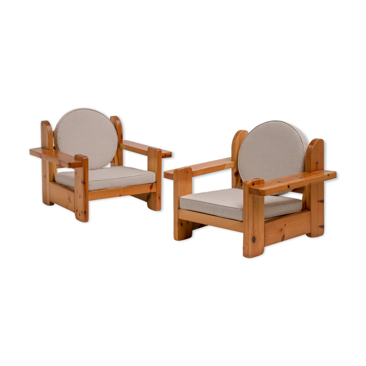 Pair of solid pine lounge chairs, italy 1970s