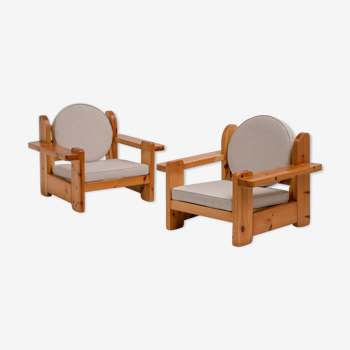 Pair of solid pine lounge chairs, italy 1970s