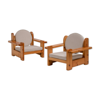 Pair of solid pine lounge chairs, italy 1970s