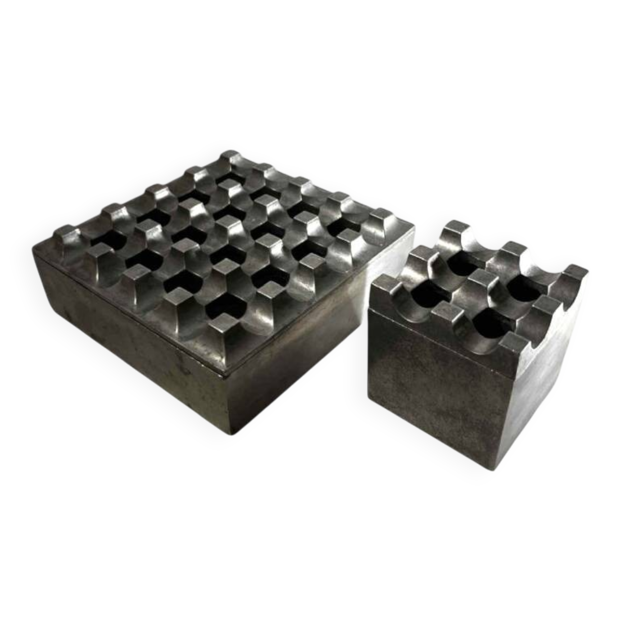 "Ultima15" set of 2 brutalist ashtrays, cast aluminum, ca 1970