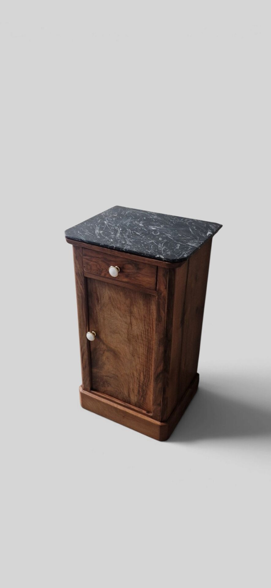 Walnut bedside table with black marble top – late 19th century.