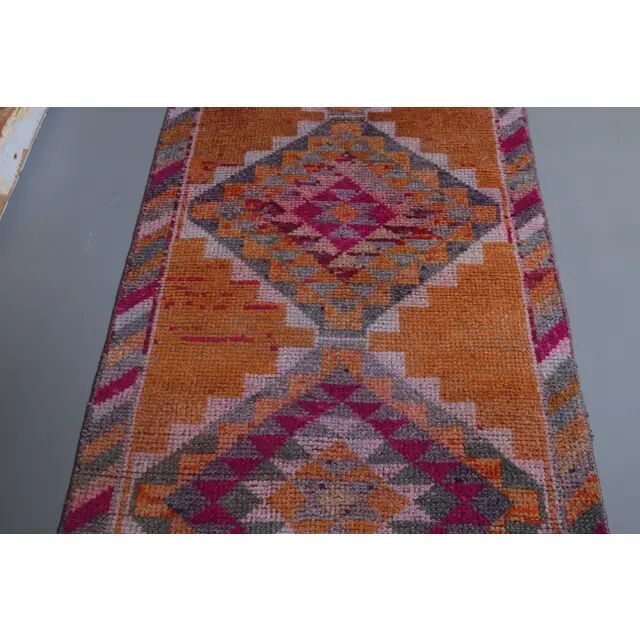1970s Turkish Handmade Orange Diamond Wool Runner Rug 87x325