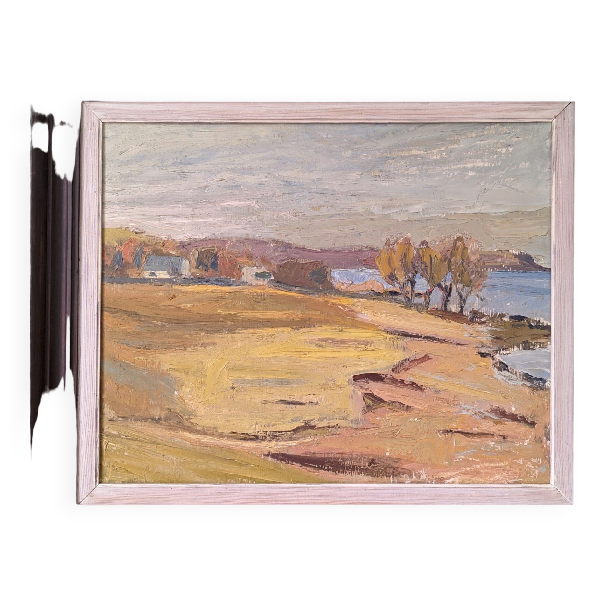 Peinture à l’huile de paysage vintage suédoise moderne « Golden Meadows » du milieu du siècle, encadrée