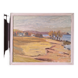 Peinture à l’huile de paysage vintage suédoise moderne « Golden Meadows » du milieu du siècle, encadrée