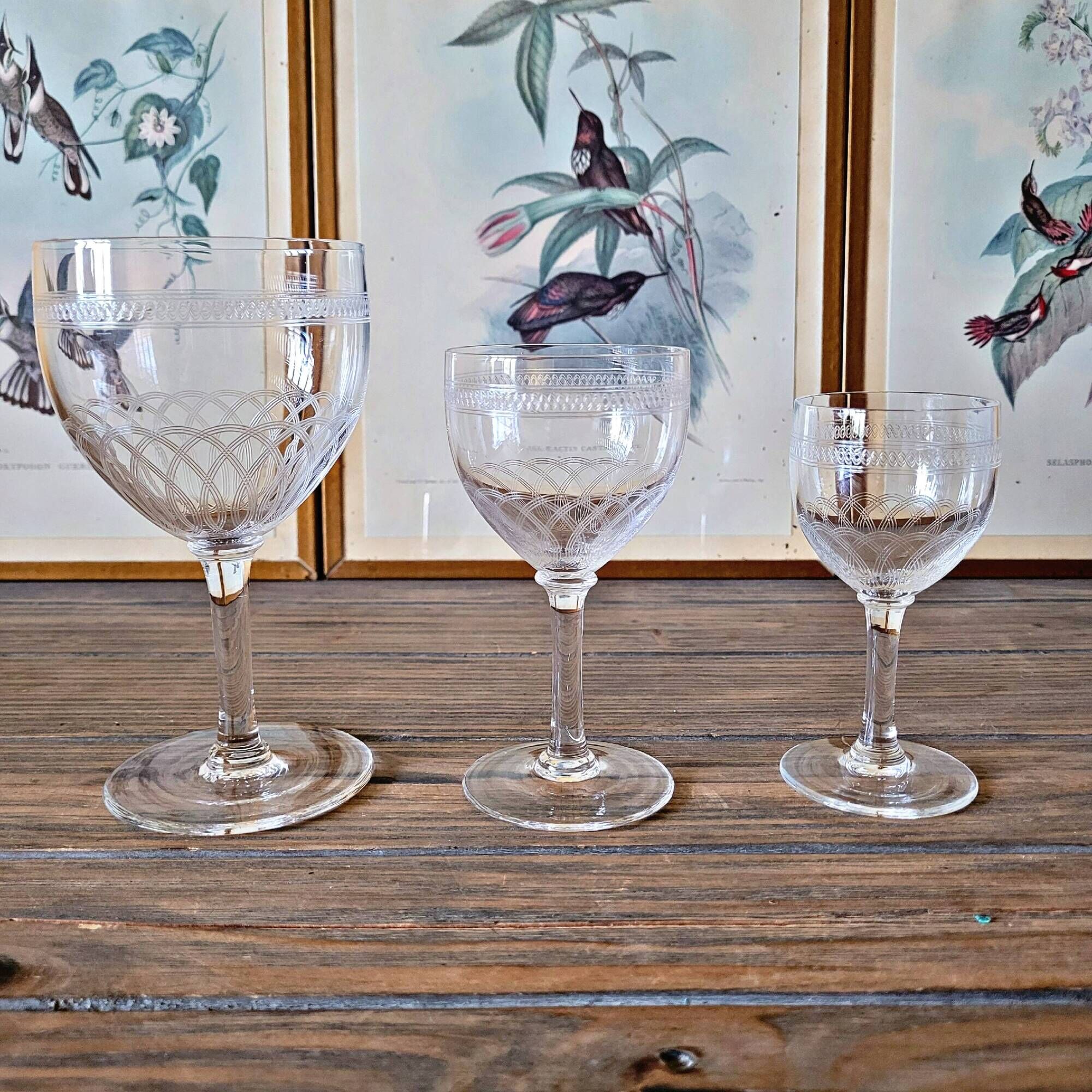 Guilloché crystal water (or wine) glasses, 19th-20th century (set of 6)