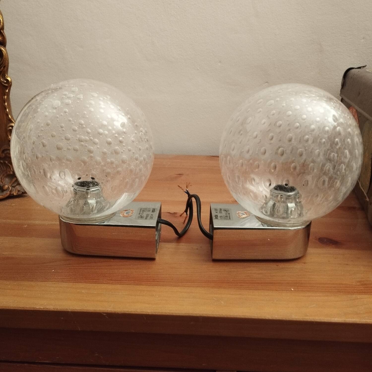 Pair of vintage globe wall lights with bubbled glass by INDA design Space Age