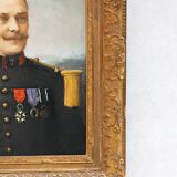 Antique portrait painting of a decorated gentleman with icy blue eyes