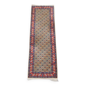Tapis oriental coloré aux bordures contrastées et aux motifs chaleureux, mesurant 314x92 cm