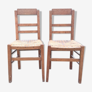 2 chaises vintage en chêne assises paillées d’époque reconstruction