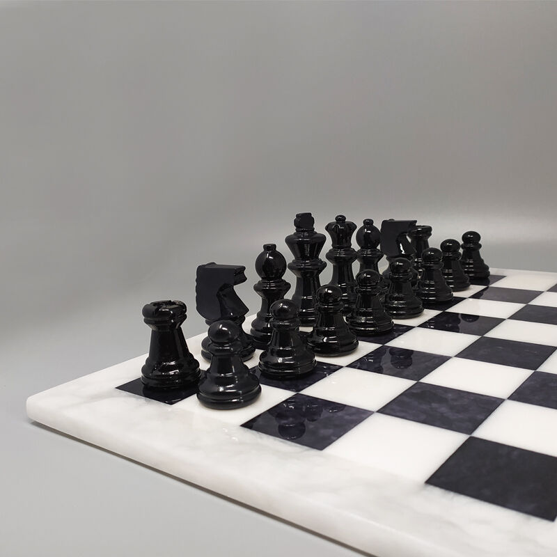 1970s black and white chess set in volterra alabaster handmade made in italy