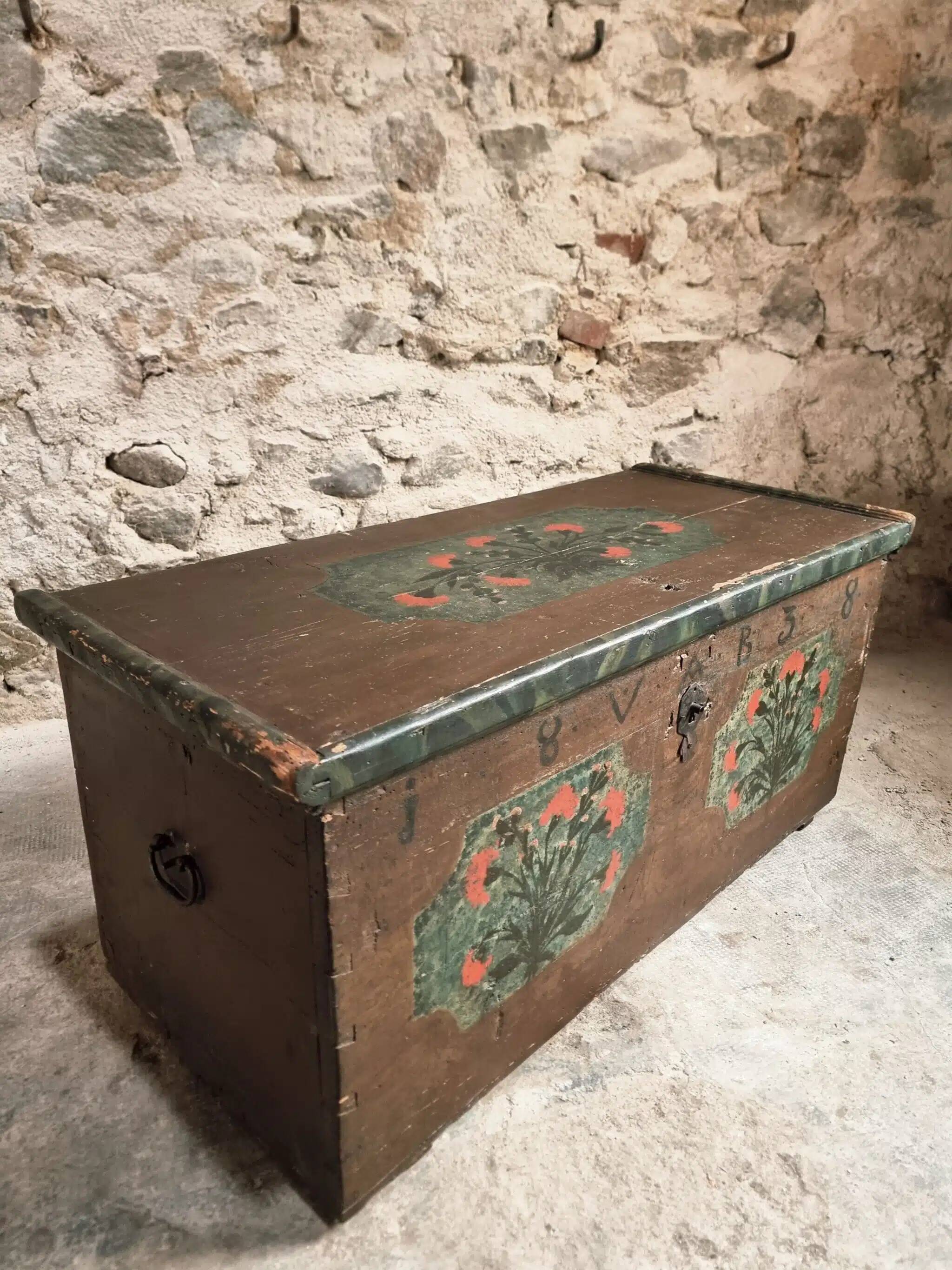 Antique French pine chest – 1838, painted folk art