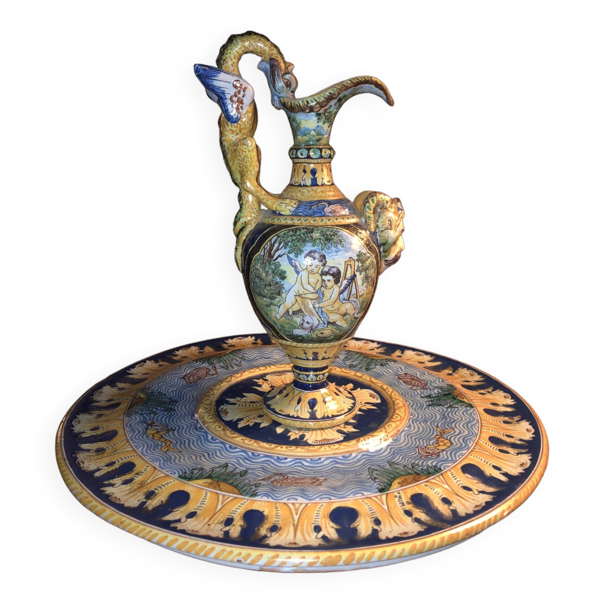Ewer on base in Nevers earthenware Aintoine Montagnon max diameter 40 cm height 28cm