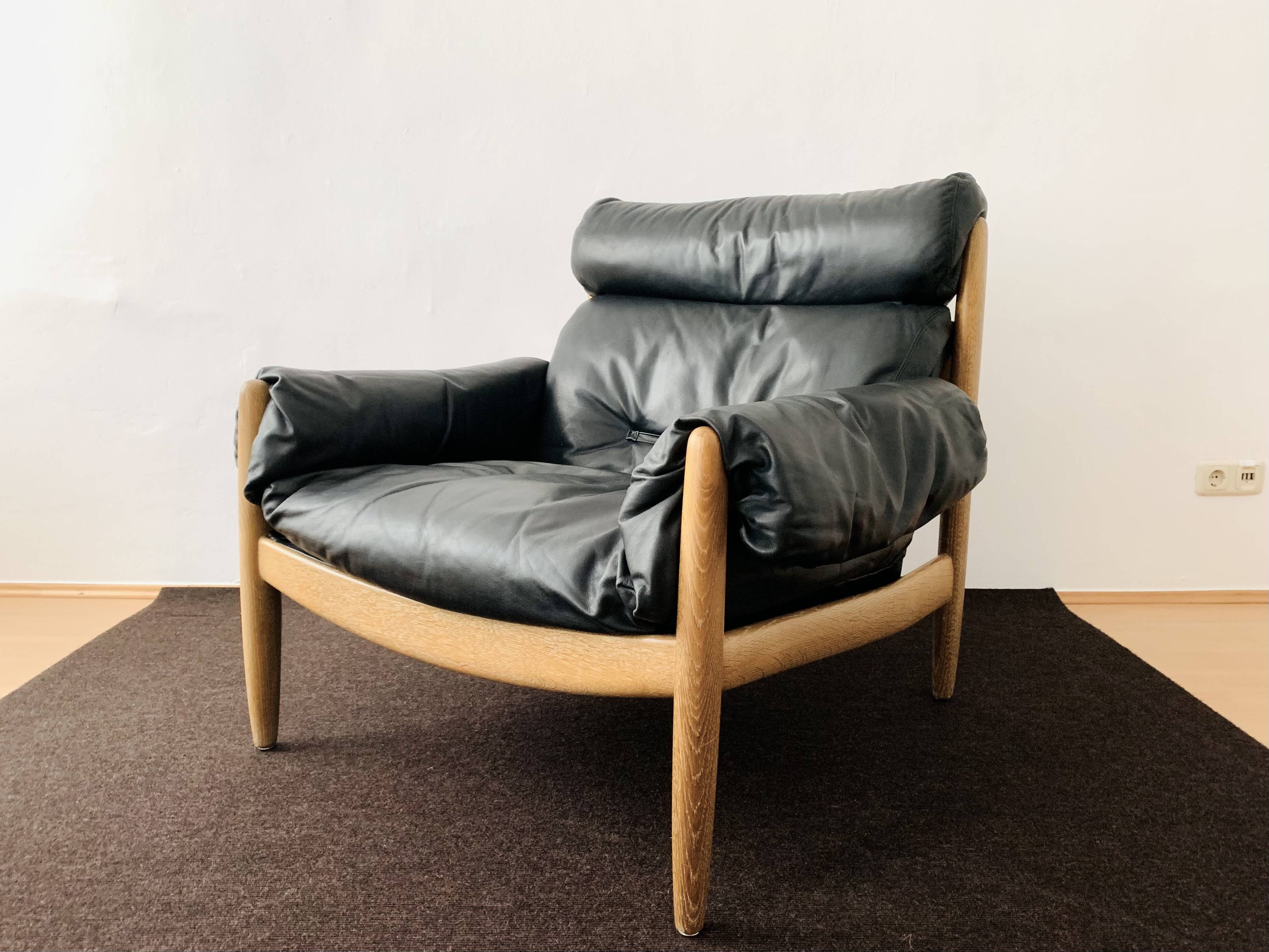 Danish Oak and Leather Lounge Chair with Ottoman