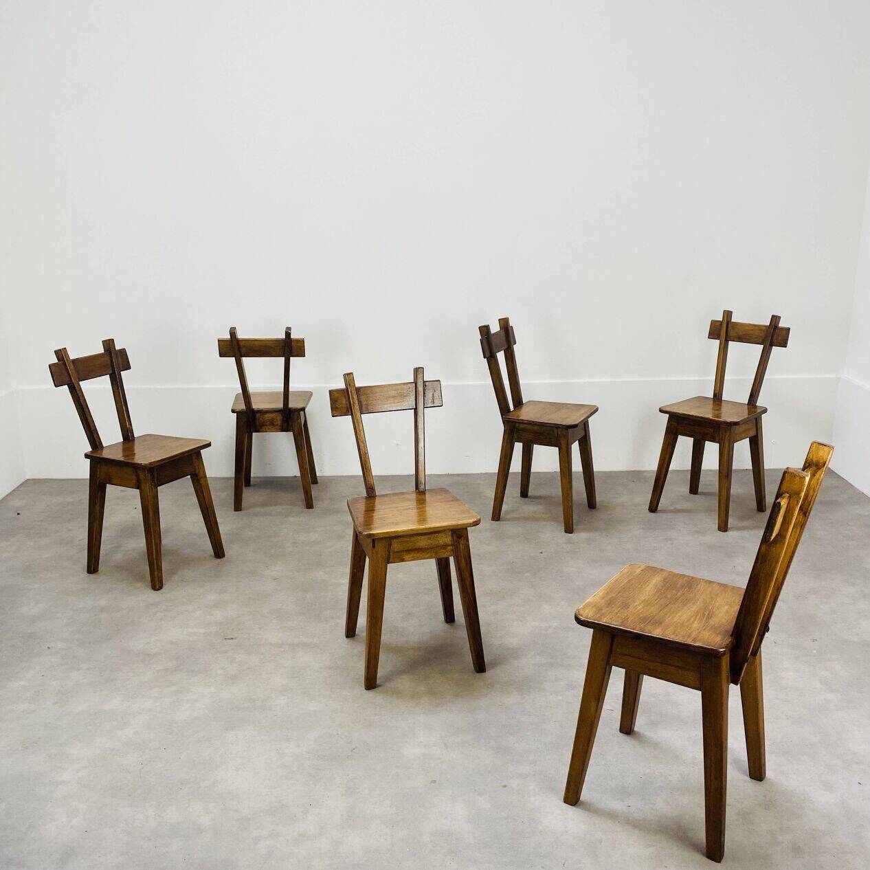 6 brutalist solid wood chairs, chalet decor, vintage
