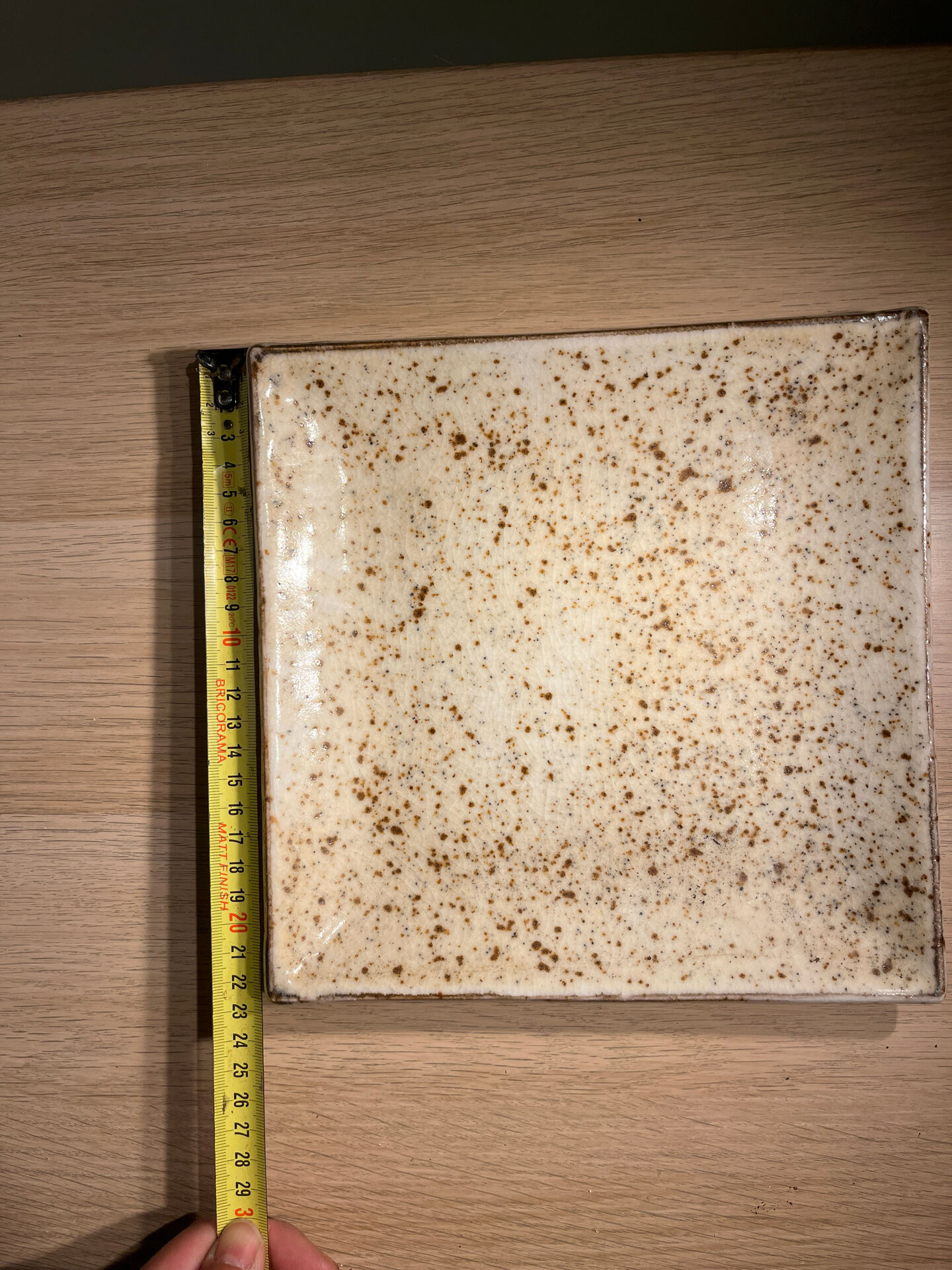 Vintage signed square ceramic plate – speckled cream enamel – 22