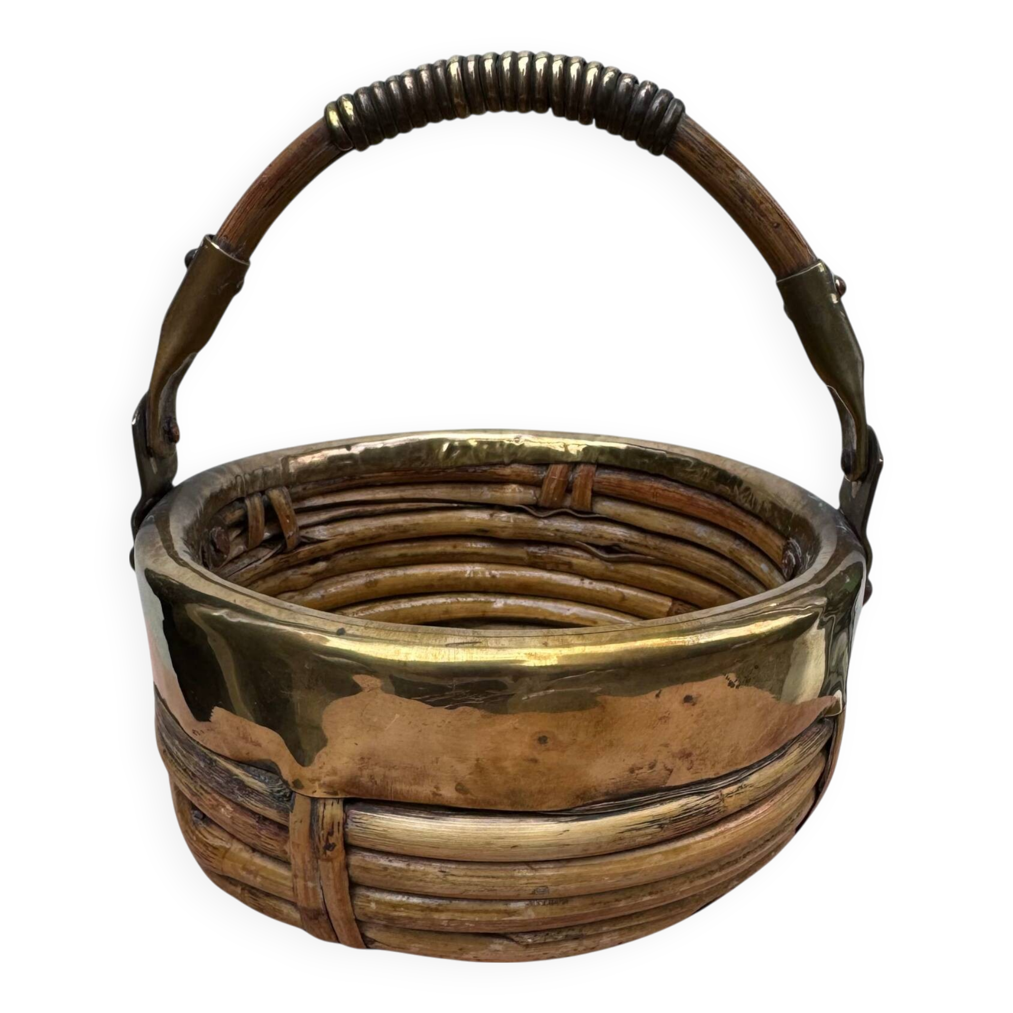 Rattan & Brass Handled Basket | Round Handle Basket | Italy 1970s