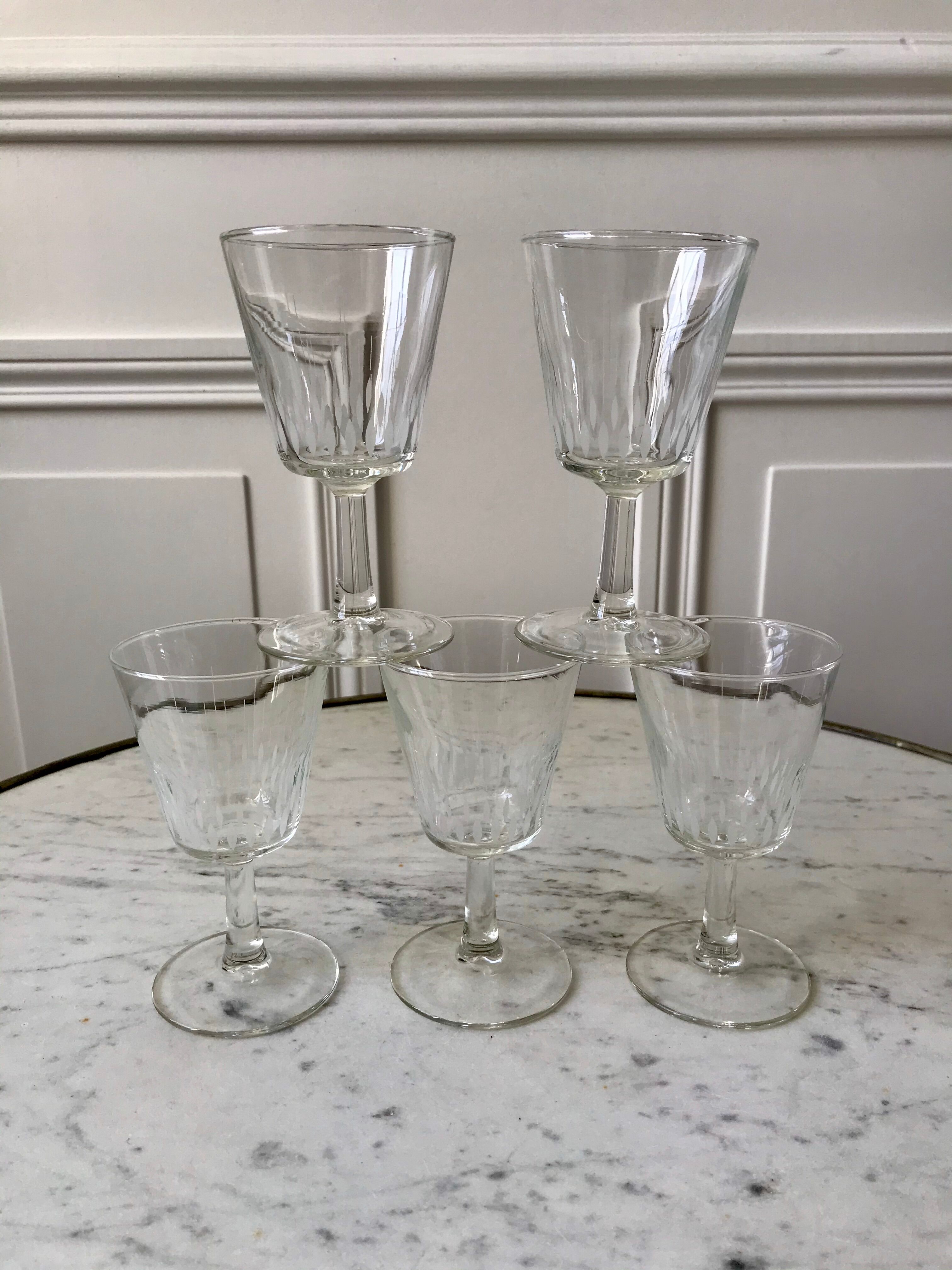 Set of 5 small crystalline glass wine glasses 50-60s