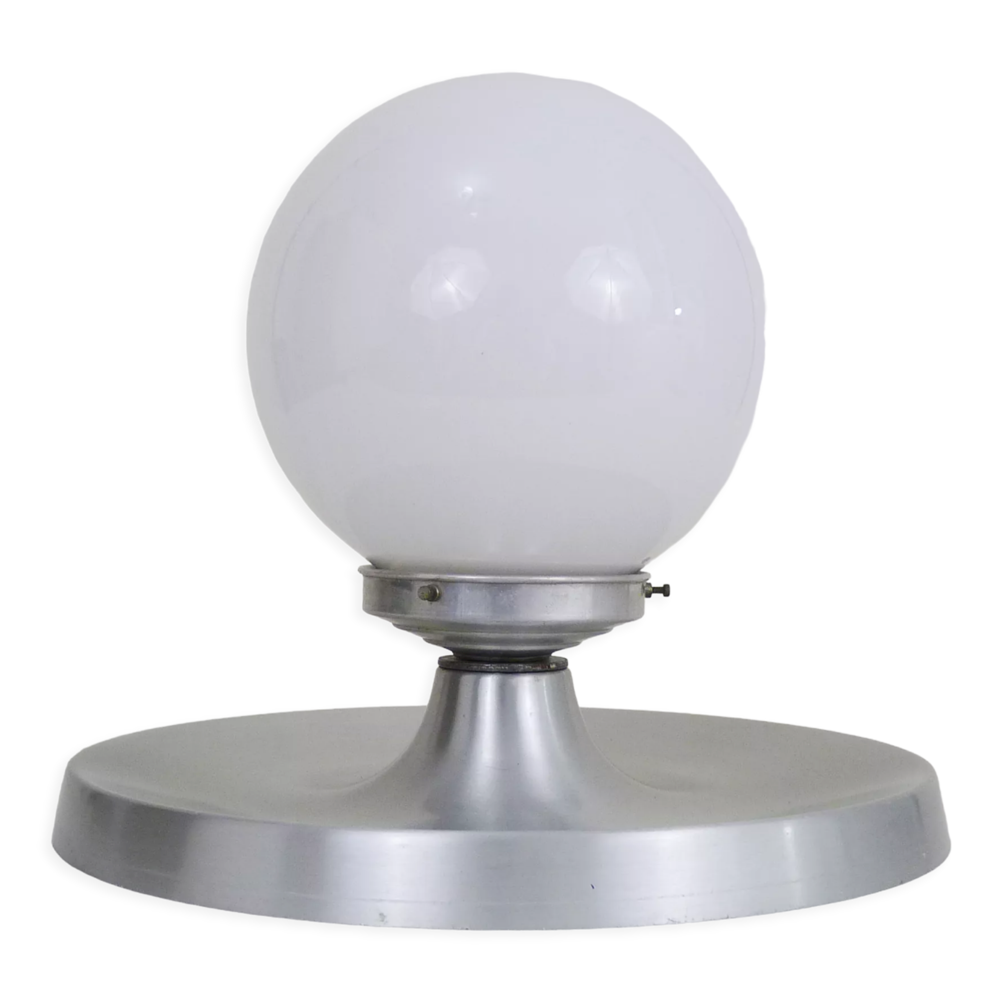 Brushed metal bedside lamp and white opaline globe, year 70