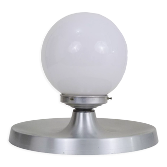 Brushed metal bedside lamp and white opaline globe, year 70