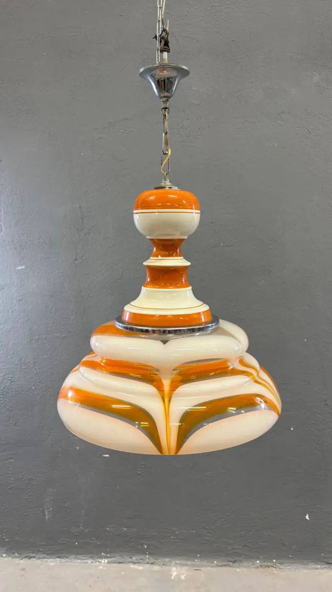 Italian art glass pendant lamp orange & white hand-blown chandelier, 1970s